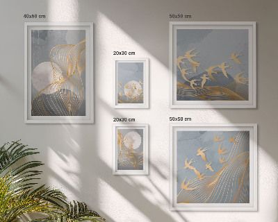 Conjunto de 5 quadros decorativos Ondas e pássaros abstratos