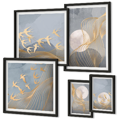 Conjunto de 5 quadros decorativos Ondas e pássaros abstratos
