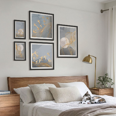 Conjunto de 5 quadros decorativos Ondas e pássaros abstratos