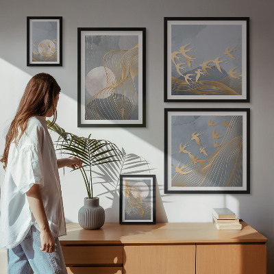Conjunto de 5 quadros decorativos Ondas e pássaros abstratos
