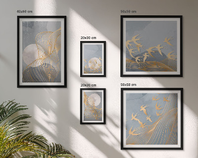 Conjunto de 5 quadros decorativos Ondas e pássaros abstratos