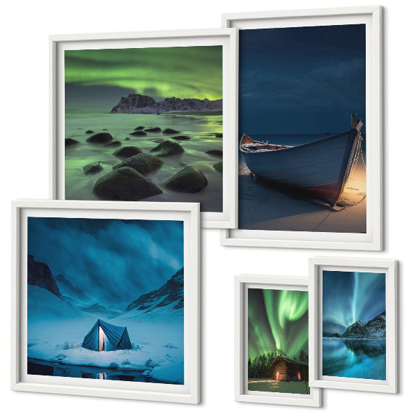 Conjunto de 5 quadros decorativos Paisagens de inverno com aurora boreal