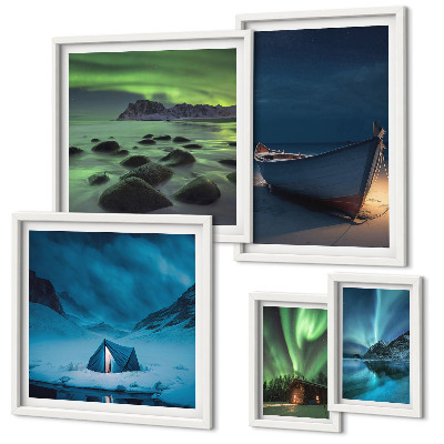 Conjunto de 5 quadros decorativos Paisagens de inverno com aurora boreal