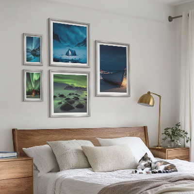 Conjunto de 5 quadros decorativos Paisagens de inverno com aurora boreal