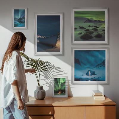 Conjunto de 5 quadros decorativos Paisagens de inverno com aurora boreal