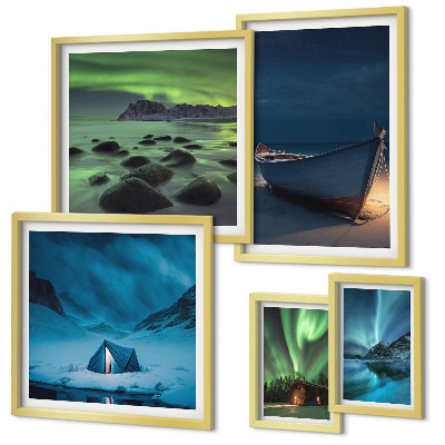 Conjunto de 5 quadros decorativos Paisagens de inverno com aurora boreal