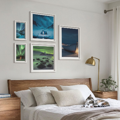 Conjunto de 5 quadros decorativos Paisagens de inverno com aurora boreal