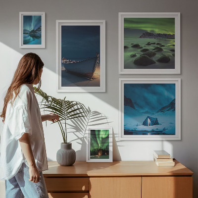 Conjunto de 5 quadros decorativos Paisagens de inverno com aurora boreal
