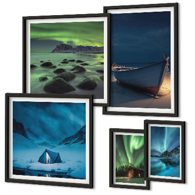 Conjunto de 5 quadros decorativos Paisagens de inverno com aurora boreal