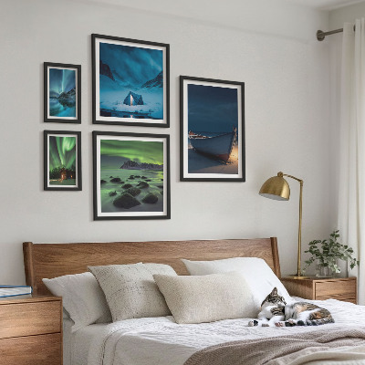 Conjunto de 5 quadros decorativos Paisagens de inverno com aurora boreal