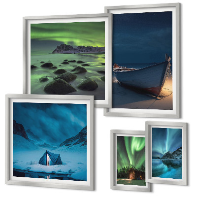 Conjunto de 5 quadros decorativos Paisagens de inverno com aurora boreal