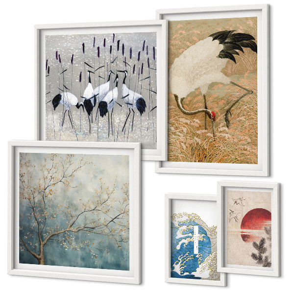 Galeria de parede Pinturas elegantes de pássaros na natureza.