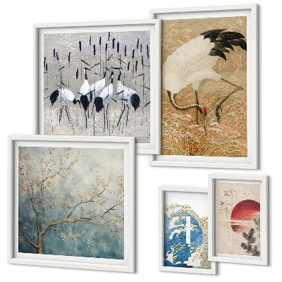 Galeria de parede Pinturas elegantes de pássaros na natureza.