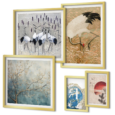Galeria de parede Pinturas elegantes de pássaros na natureza.