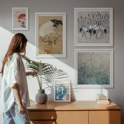 Galeria de parede Pinturas elegantes de pássaros na natureza.