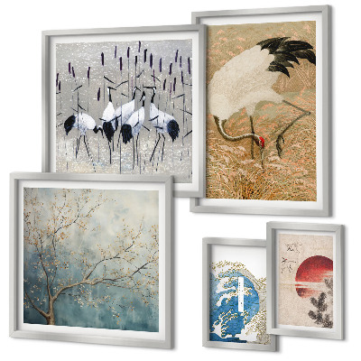 Galeria de parede Pinturas elegantes de pássaros na natureza.
