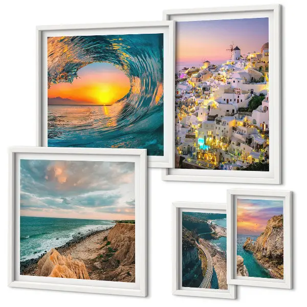 Conjunto de 5 quadros com moldura com estampas de paisagens litorâneas e praias