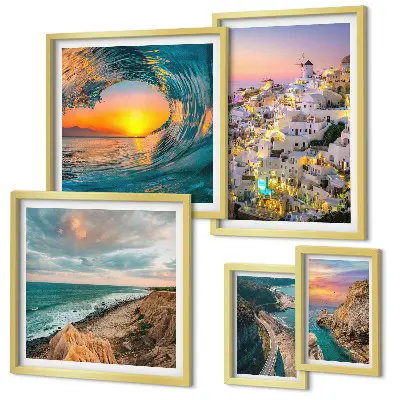Conjunto de 5 quadros com moldura com estampas de paisagens litorâneas e praias