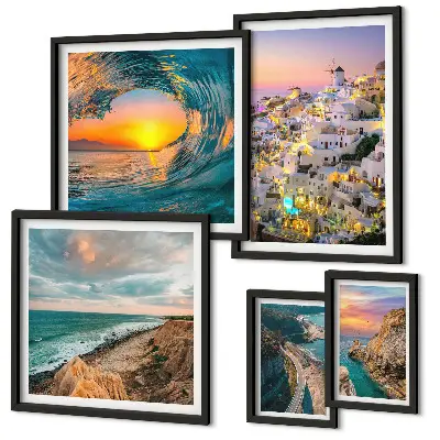Conjunto de 5 quadros com moldura com estampas de paisagens litorâneas e praias