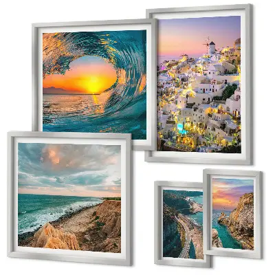 Conjunto de 5 quadros com moldura com estampas de paisagens litorâneas e praias