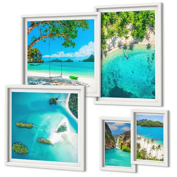 Conjunto de 5 quadros decorativos com tema de praias tropicais e águas paradisíacas