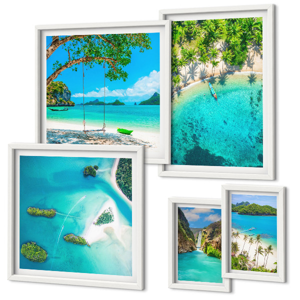 Conjunto de 5 quadros decorativos Praias tropicais, águas paradisíacas