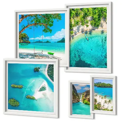 Conjunto de 5 quadros decorativos com tema de praias tropicais e águas paradisíacas