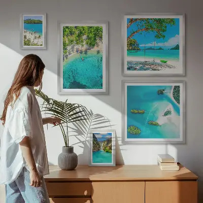 Conjunto de 5 quadros decorativos com tema de praias tropicais e águas paradisíacas