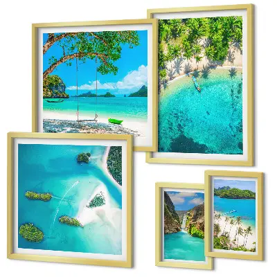 Conjunto de 5 quadros decorativos com tema de praias tropicais e águas paradisíacas