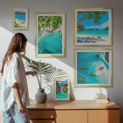 Conjunto de 5 quadros decorativos com tema de praias tropicais e águas paradisíacas