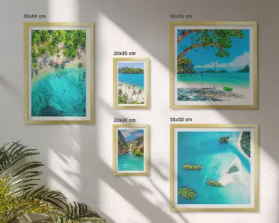 Conjunto de 5 quadros decorativos com tema de praias tropicais e águas paradisíacas