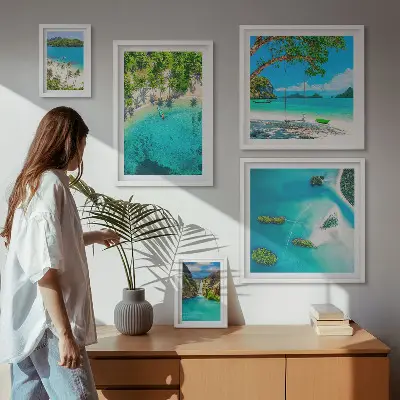 Conjunto de 5 quadros decorativos com tema de praias tropicais e águas paradisíacas