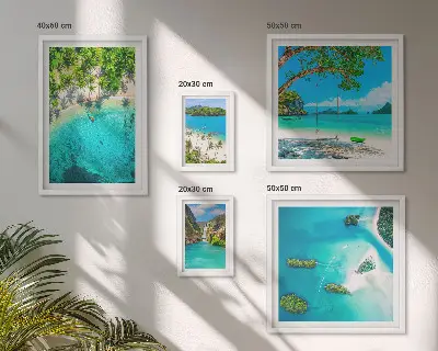 Conjunto de 5 quadros decorativos com tema de praias tropicais e águas paradisíacas