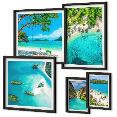 Conjunto de 5 quadros decorativos com tema de praias tropicais e águas paradisíacas