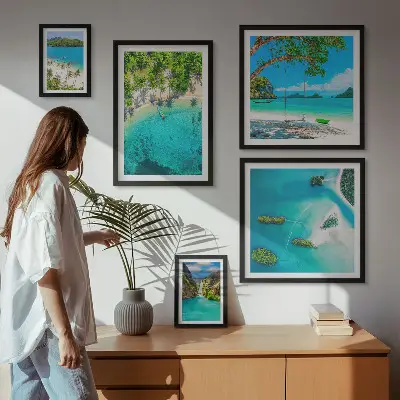 Conjunto de 5 quadros decorativos com tema de praias tropicais e águas paradisíacas