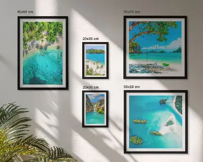 Conjunto de 5 quadros decorativos com tema de praias tropicais e águas paradisíacas