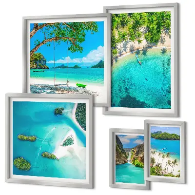 Conjunto de 5 quadros decorativos com tema de praias tropicais e águas paradisíacas