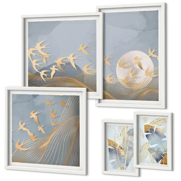Conjunto de 5 quadros com moldura de folhas cinzas e pássaros estilosos