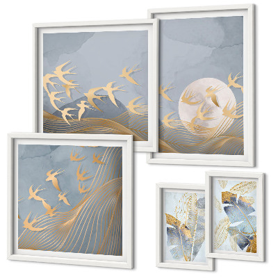 Conjunto de 5 quadros com moldura Folhas cinzas de pássaros estilosos