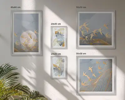 Conjunto de 5 quadros com moldura de folhas cinzas e pássaros estilosos