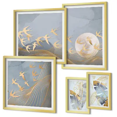 Conjunto de 5 quadros com moldura de folhas cinzas e pássaros estilosos