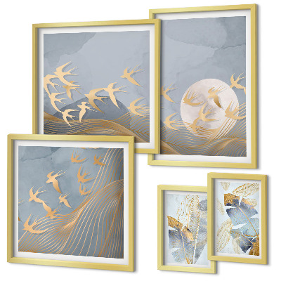 Conjunto de 5 quadros com moldura Folhas cinzas de pássaros estilosos