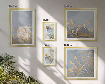 Conjunto de 5 quadros com moldura de folhas cinzas e pássaros estilosos