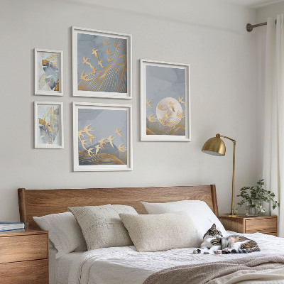 Conjunto de 5 quadros com moldura Folhas cinzas de pássaros estilosos