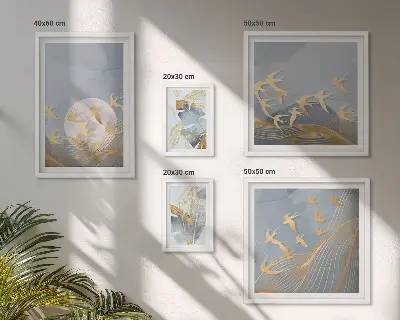 Conjunto de 5 quadros com moldura de folhas cinzas e pássaros estilosos