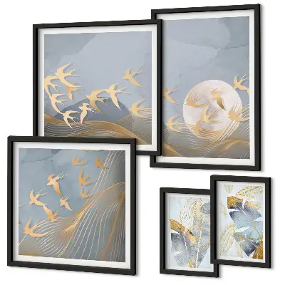 Conjunto de 5 quadros com moldura de folhas cinzas e pássaros estilosos