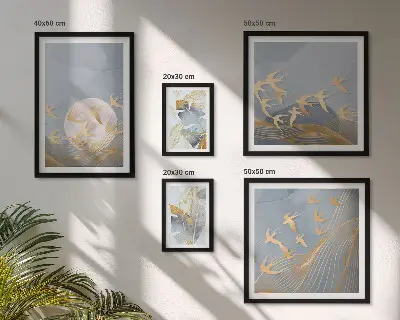 Conjunto de 5 quadros com moldura de folhas cinzas e pássaros estilosos