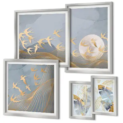 Conjunto de 5 quadros com moldura de folhas cinzas e pássaros estilosos