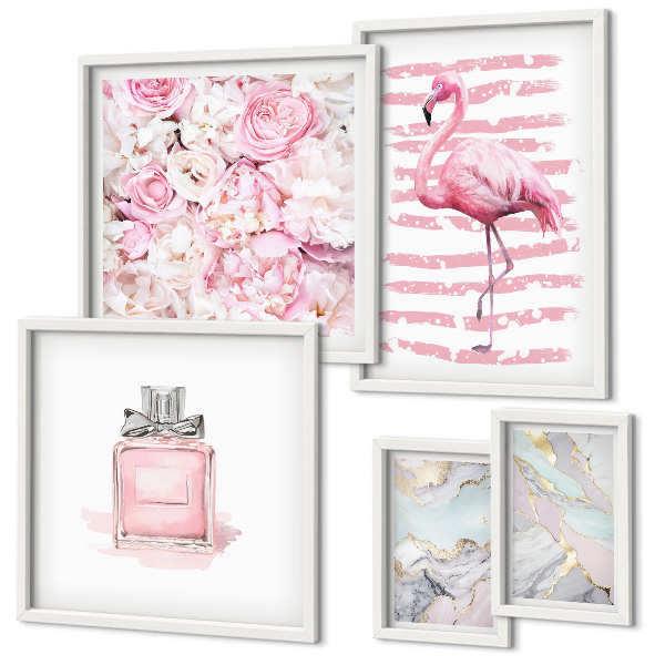 Galeria de parede Elegantes detalhes em rosa com flores de flamingo.