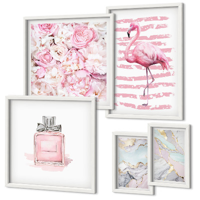 Galeria de parede Elegantes detalhes em rosa com flores de flamingo.